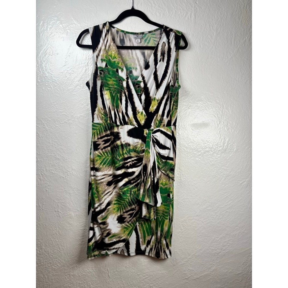Worthington Faux Wrap Dress Womens Medium Green Zebra Mob Wife Resort Tropical